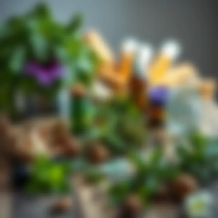 An assortment of herbs and plants known for their essential oil extraction, artistically arranged on a rustic table.