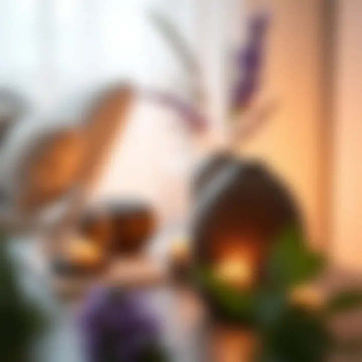 A serene ambiance featuring essential oil diffusers and candles, highlighting the calming effects in a wellness setting.