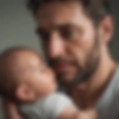 A serene father holding his newborn, reflecting on emotional challenges.