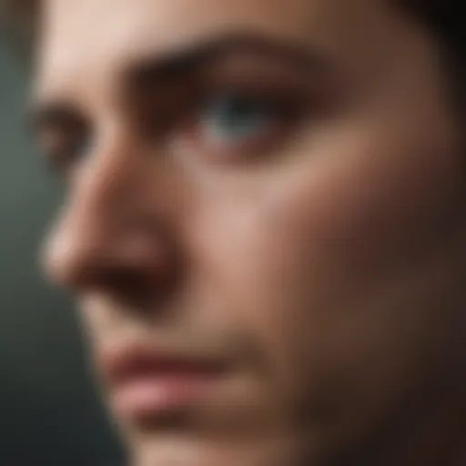 A close-up of a distressed individual reflecting on their struggles with addiction.