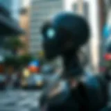 A sophisticated internet robot in a modern urban environment
