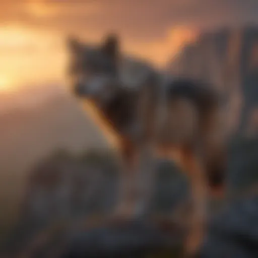 A majestic wolf standing on a rocky outcrop against a dramatic sunset