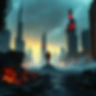 A futuristic city in ruins, showcasing a post-apocalyptic scenario