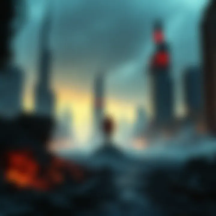 A futuristic city in ruins, showcasing a post-apocalyptic scenario