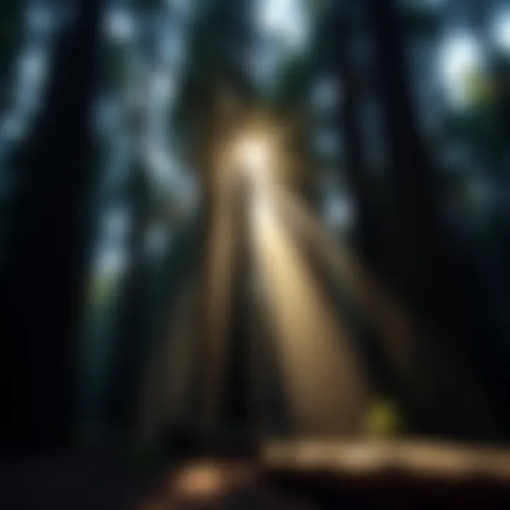 A serene forest scene with sunlight filtering through ancient trees