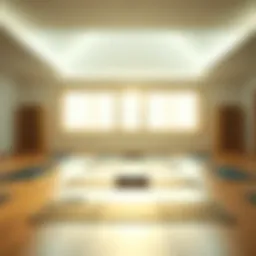 A serene yoga studio with soft lighting and mats arranged for practice
